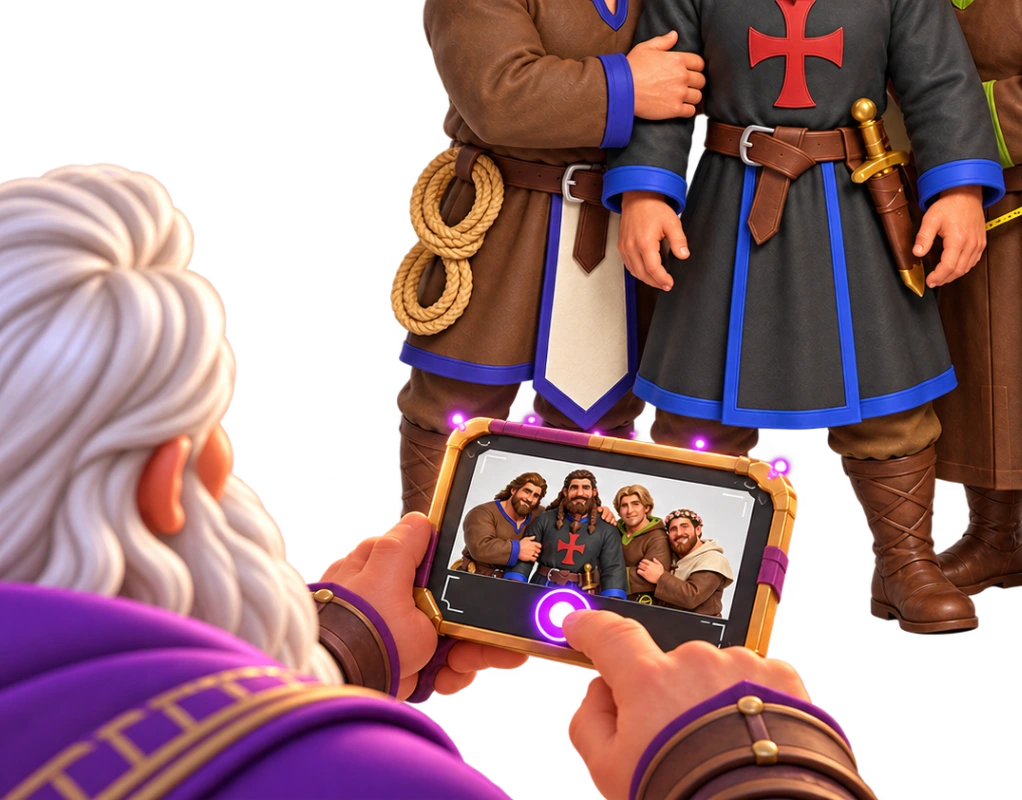 A wizard photographing the Little John's crew with a phone