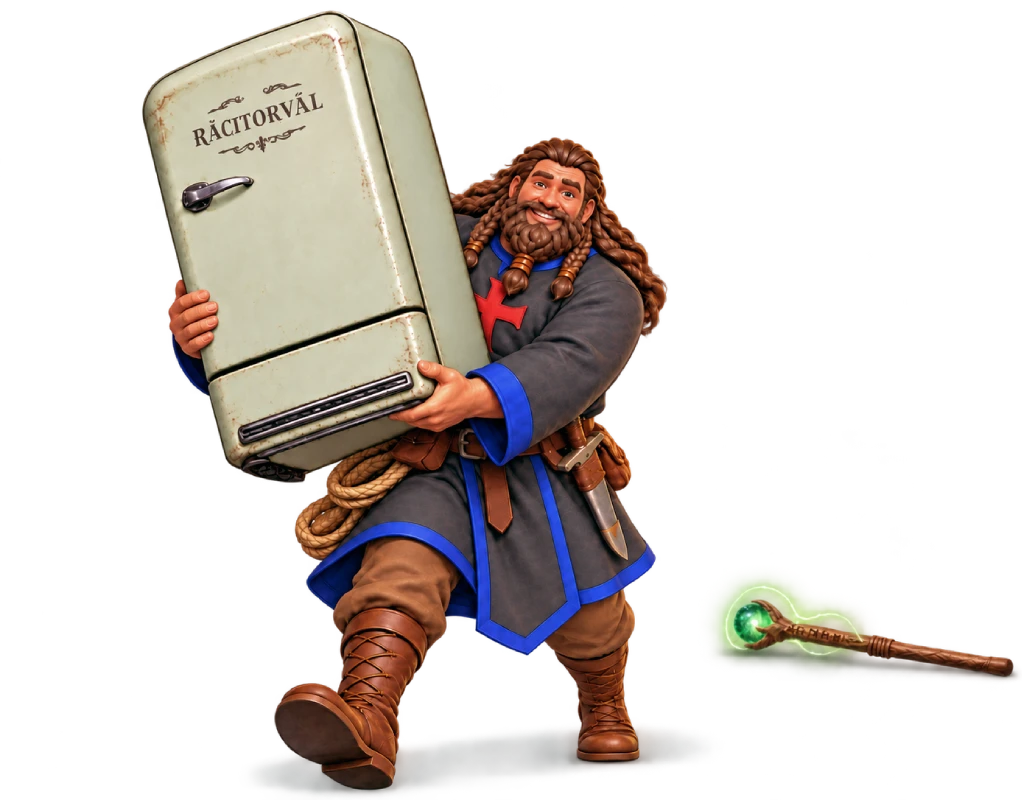 Friar Little John hauling a vintage refrigerator