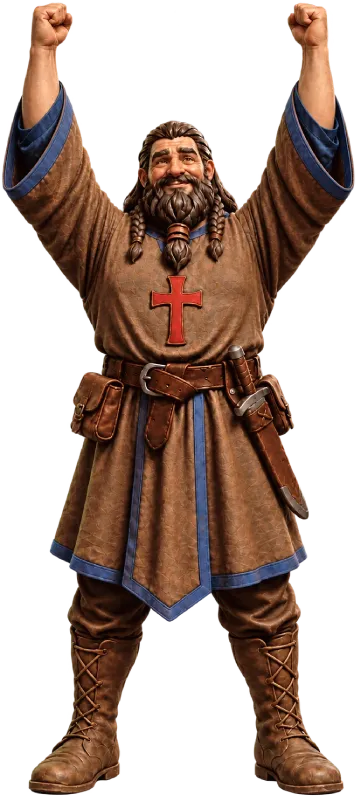 Friar Little John holding up the menu with raised fists